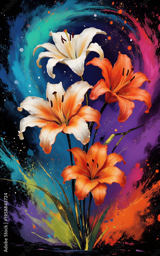 Obraz premium Vibrant lilies bloom against a swirling colorful cosmic background
