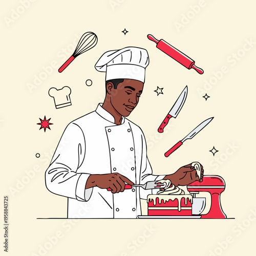 Man in chef hat cutting cake.