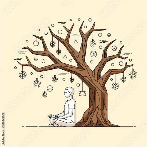 Man meditates under tree peace.