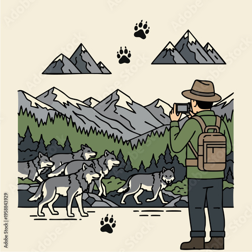 Man photographing wolves in a mountainous forest landscape.