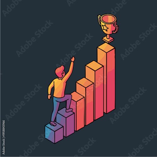 Man reaching trophy on graph.