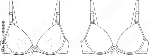 Detailed technical fashion drawing of two bras with underwire cups, adjustable straps, decorative bow detail, stitching seams, and garment construction reference for lingerie design and apparel 