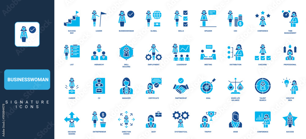 Obraz premium Glyph icons set of business businesswoman leader signature icons set showing leadership, management, teamwork success, finance, office career concepts in isolated solid symbols vector illustration