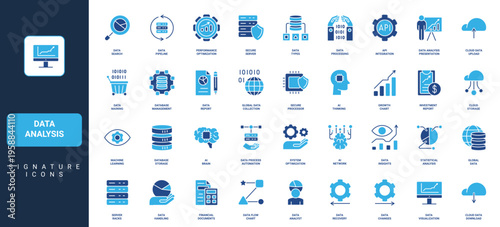 Data analysis, research process automation with AI, secure cloud services glyph icon set. Infographic statistic diagram chart growth, presentation solid symbols vector illustration