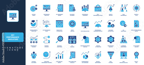 Key Performance Indicators, business development and quality metrics evaluation glyph icon set. Data analytics to plan and improve efficiency solid symbols vector illustration