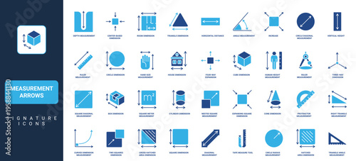 Measurement size, dimension scalable arrows, tools glyph icon set. Ruler with scale measure width and height, house plan and box, square resize, space solid symbols vector illustration
