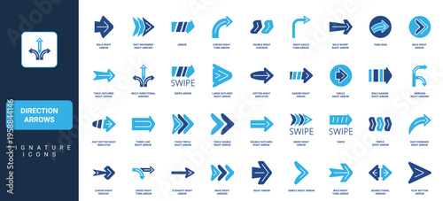 Direction arrows, direction pointer to right and forward, straight and curved glyph icon set. Cursor of arrow shape to click, modern traffic turn signs solid symbols vector illustration
