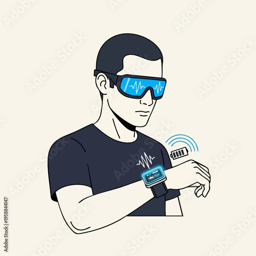 Man Wearing Smart Watch Glasses.