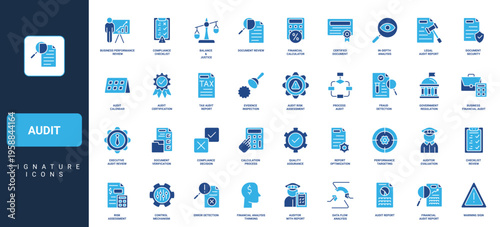 Audit, inspection for compliance with business standards and regulations, policy glyph icon set. Assessment, check and data research of auditor solid symbols vector illustration