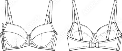 WebDetailed technical fashion illustration of bra front and back views showing garment construction, straps, stitching, seams, underwire, hook-and-eye closure, and adjustable band design.