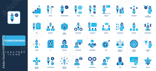 Glyph icons set of business businesswoman leader signature icons set showing leadership, management, teamwork success, finance, office career concepts in isolated solid symbols vector illustration