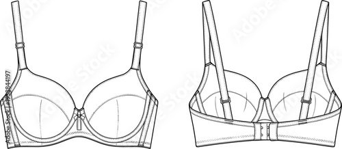 Technical fashion drawing of bra front and back views highlighting garment construction, underwire, straps, stitching, seams, hook-and-eye closure, and adjustable band 