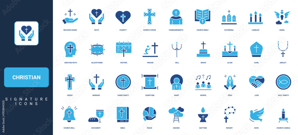 Fototapeta premium Christian religion, prayer and love, faith in resurrection of Jesus Christ, church and holy Bible glyph icon set. Dove and candles, worship solid symbols vector illustration