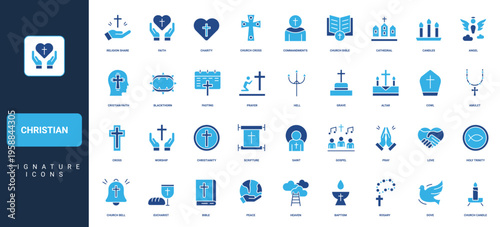 Christian religion, prayer and love, faith in resurrection of Jesus Christ, church and holy Bible glyph icon set. Dove and candles, worship solid symbols vector illustration