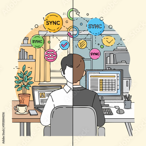 Man working on laptop and desktop computer with sync icons.