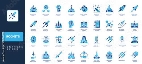 Space rockets launch and flight, business startup and project booster glyph icon set. Aerospace exploration, spaceship start with fire, crash and fail solid symbols vector illustration