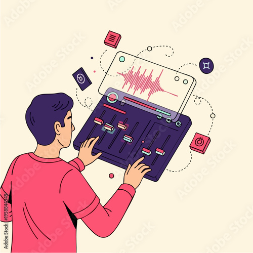 Man working on sound mixer.