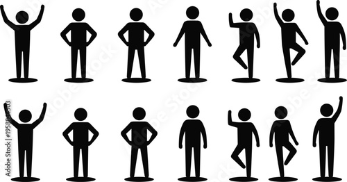 Black stick figure silhouette illustration set showing twelve different human poses with varied gestures, arm positions, leg movements, and expressive body language for minimalist graphic design.