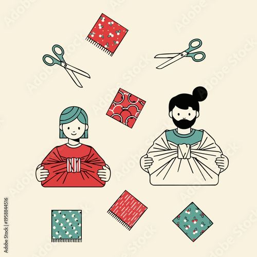 People sewing colorful fabric pieces.