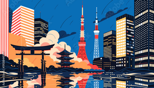 Vibrant Tokyo Cityscape Silhouette at Dusk Featuring Traditional Gate and Modern Communication Towers Reflection tokyo skyline