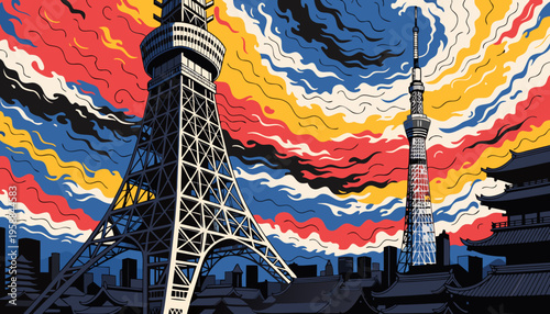 Iconic Japanese Communication Towers Dominating Vibrant Swirling Psychedelic Cityscape Under Abstract Sky tokyo skyline