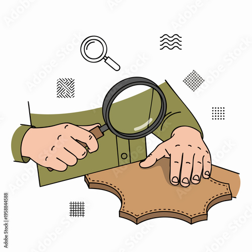 Person Inspecting Leather Material with Magnifying Glass.