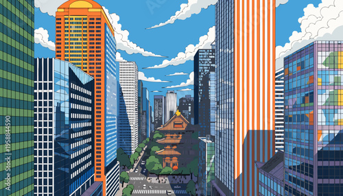 Urban Landscape View Down Street Lined With Modern Skyscrapers Surrounding Traditional Pagoda Structure tokyo skyline