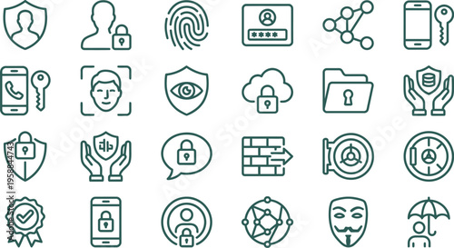 Modern outline icons depicting digital security, privacy, authentication, and data safeguarding against online threats.