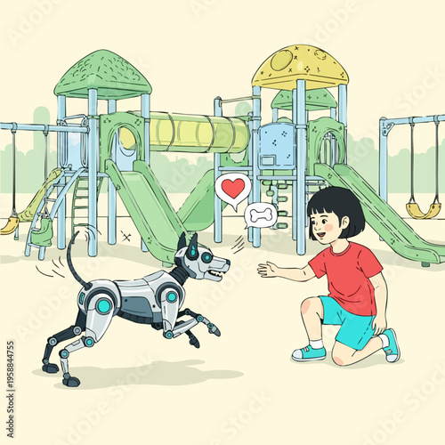 Robot dog and happy child.