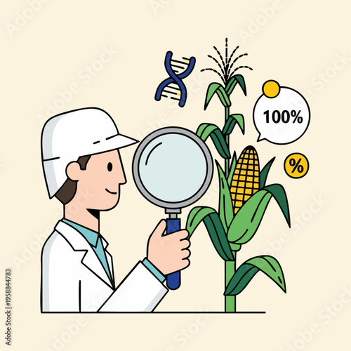 Scientist Examining Genetically Modified Corn with DNA Symbol.