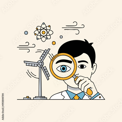 Scientist examining renewable energy and atomic structures.