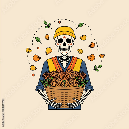 Skeleton Holding Flower Basket.