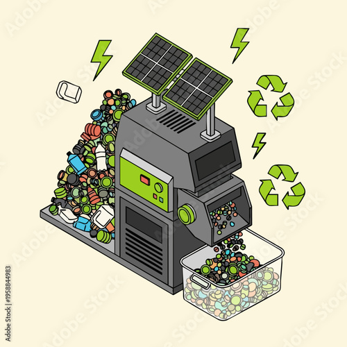 Solar-powered recycling machine processing plastic waste into reusable pellets, promoting sustainable energy and environmental conservation.