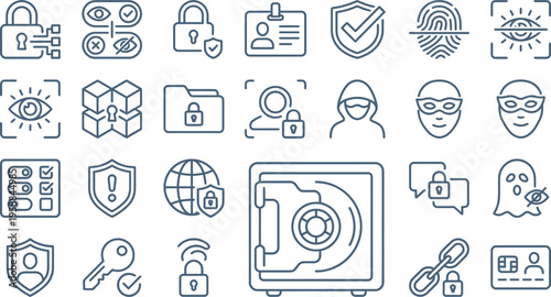 Collection of cybersecurity and data protection line icons featuring locks, shields, and identity verification methods.