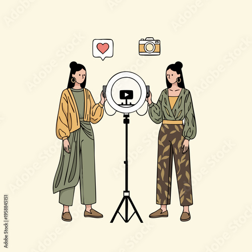 Two stylish women creating content with a ring light and camera.