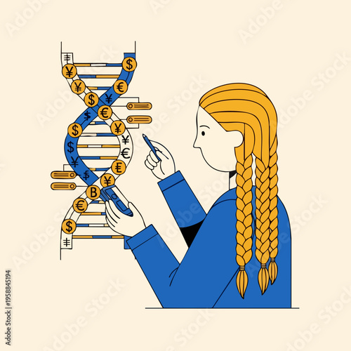 Woman analyzing financial DNA structure with currency symbols.