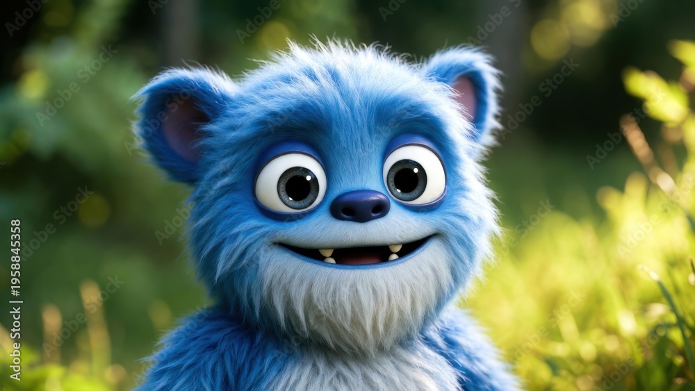 Obraz premium Blue furry creature grinning in sunlit meadow background