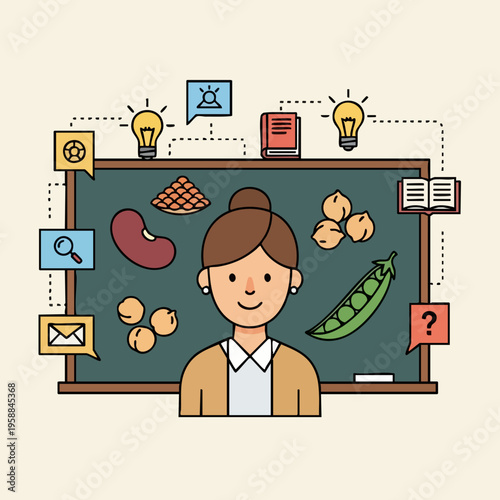 Woman in front of blackboard.