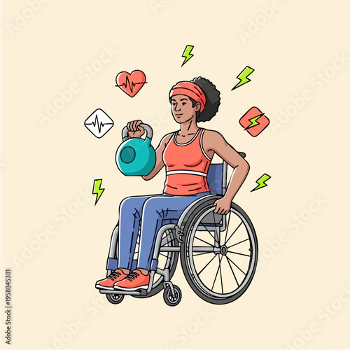Woman in wheelchair lifting kettlebell.
