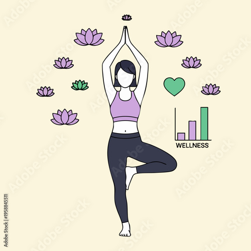 Woman practicing yoga tree pose with wellness symbols.