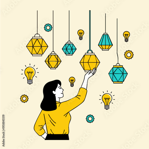 Woman Reaching For Light Bulb.