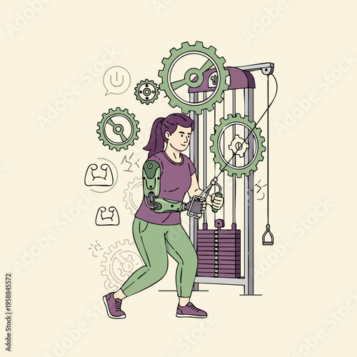 Woman using fitness gym equipment.
