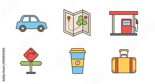 The icon set includes a blue car, map, gas station, road sign, coffee cup, and suitcase.
