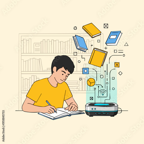 Young man using robot technology.