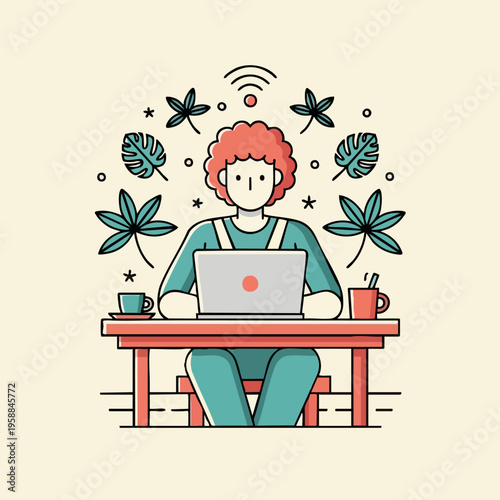 Young Person Working Remotely on Laptop Surrounded by Plants and Coffee.