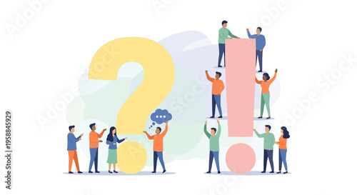 People standing on letters exclamation teamwork.