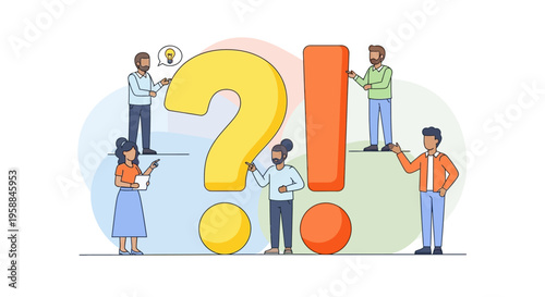 People interacting with question marks.