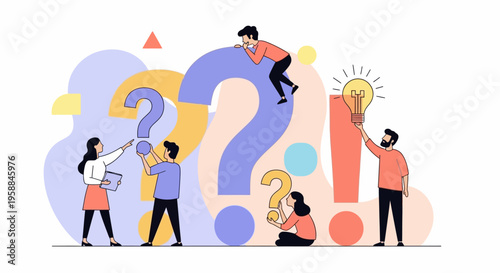 People interacting with question marks.