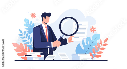 Businessman holding magnifying glass closeup.