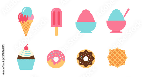 Colorful icon set of sweet treats on a white background for design